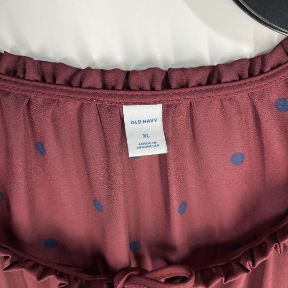 Old Navy XL Burgundy Long Sleeve Peplum Blouse Blue Polka Dots Drawstring Neck - Picture 4 of 6